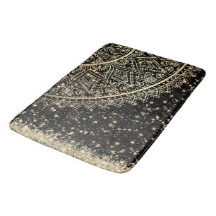 Tapis De Bain Mandala envoûtant avec des étoiles d'or sur Noir