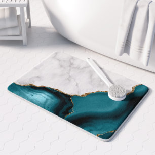 Tapis De Bain Marbre blanc doré Turquoise Bleu Agate