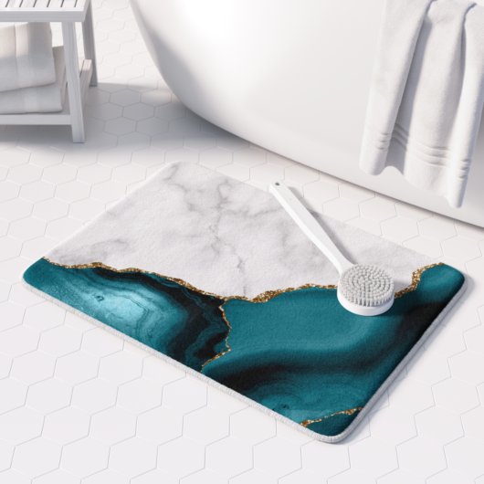 Tapis De Bain Marbre blanc doré Turquoise Bleu Agate