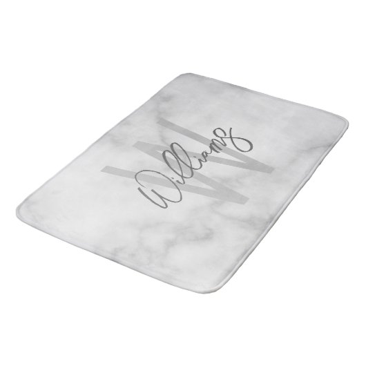 Tapis De Bain Marbre blanc Script Monogramme personnalisé et nom (Angle)