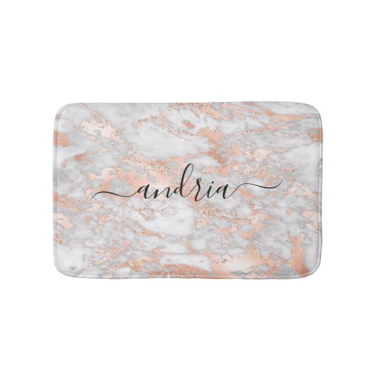 Tapis De Bain Marbre Or Rose & Blanc 2, Paillettes, Nom Script (Devant)