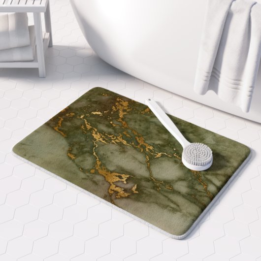 Tapis De Bain Marbre Vert Olive Feuille de Faux Or