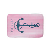 Tapis De Bain Marine Ancre nautique bleu et rayures roses (Devant)