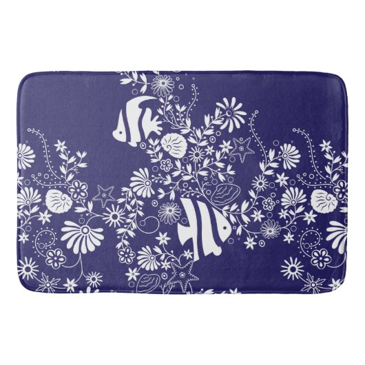 Tapis De Bain Marine Bleu Blanc Océan Motif de vie (Devant)