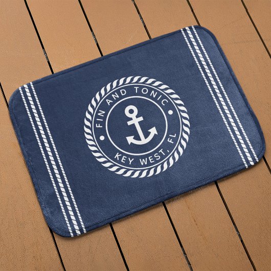 Tapis De Bain Marine nautique et Ancre blanche | Votre nom de ba