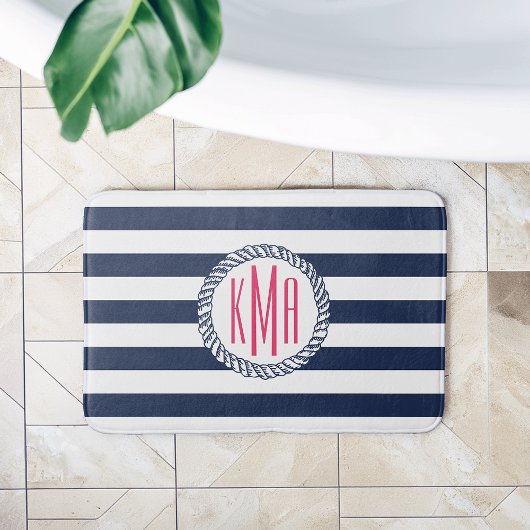Tapis De Bain Marine nautique et bande blanche avec Monogramme r