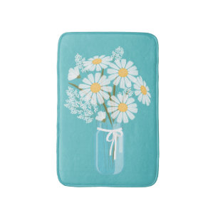 Tapis De Bain Mason Jar aux marguerites blanches sur Turquoise