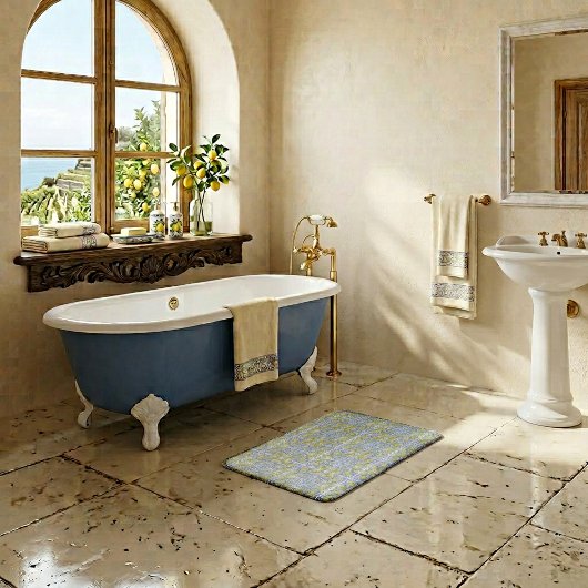 Tapis De Bain Mediterranean Blue & Yellow Lemon Tile Pattern