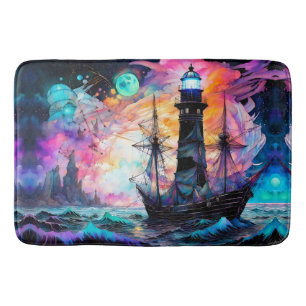 Tapis De Bain Mer orageuse, phare de bateau Lune Abstrait
