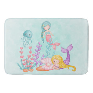 Tapis De Bain Mermaids et méduses sous l'aquarelle marine
