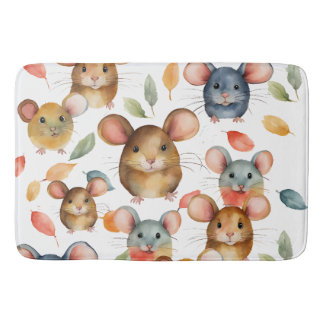 Tapis De Bain Mignons Souris à l'aquarelle et Motif de Feuilles