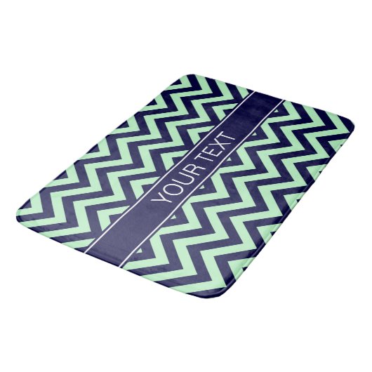 Tapis De Bain Mint Navy LG Chevron Navy Blue Nom Monogramme (Angle)