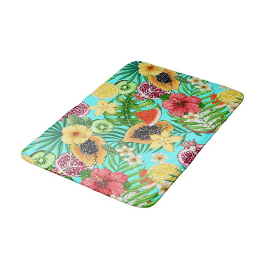 Tapis De Bain Mix-fruit tropical, fleurs et feuilles en bleu (Angle)