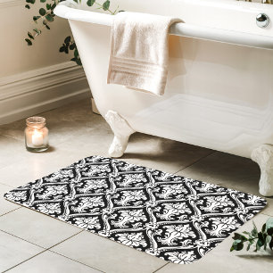 Tapis De Bain Modèle de Damas baroque noir et blanc