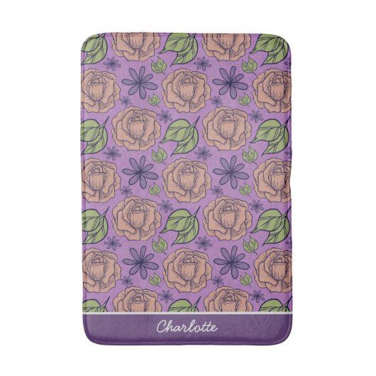 Tapis De Bain Modèle fleuri violet grande fleur avec nom (Devant (Vertical))