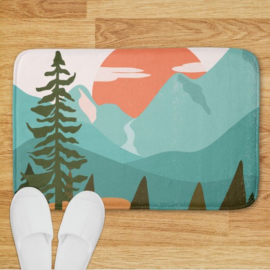 Tapis De Bain Modern Abstract Forest, Mountains, and Sunrise