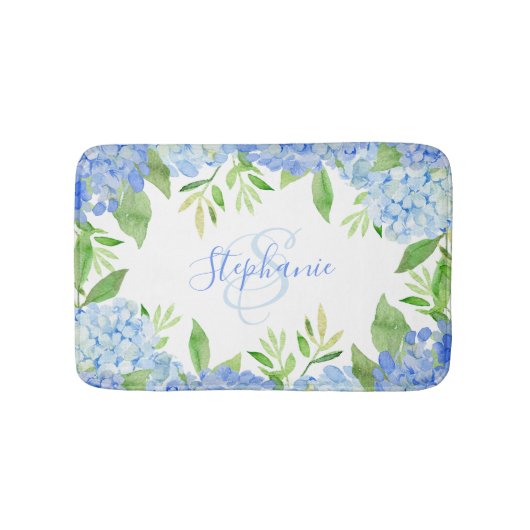 Tapis De Bain Moderne Floral bleu Hydrangée Aquarelle Monogramme (Devant)