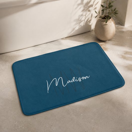 Tapis De Bain Moderne monogramme de nom en bleu