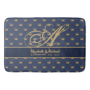 Tapis De Bain Mongram Navy Blue Gold Crown King Queen NEWLYWEDS