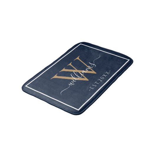 Tapis De Bain Monogram Chic Gold Script Names Wedding Date Navy (Angle)