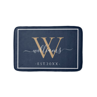 Tapis De Bain Monogram Chic Gold Script Names Wedding Date Navy