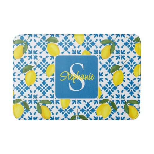 Tapis De Bain Monogram Name Blue French Tile Lemon Pattern  (Devant)