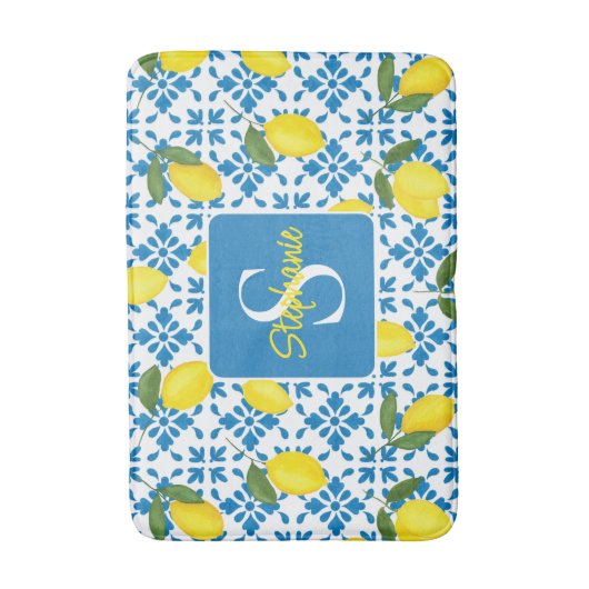 Tapis De Bain Monogram Name Blue French Tile Lemon Pattern  (Devant (Vertical))