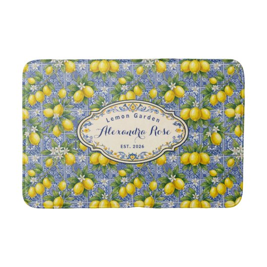 Tapis De Bain Monogram Name Lemon Blue French Country Tile  (Devant)