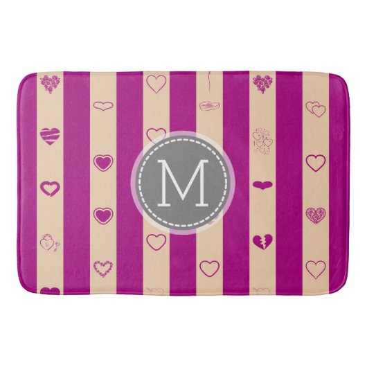 Tapis De Bain Monogram Royal Fuchsia Stripe Motif cardiaque mode (Devant)