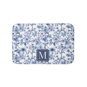 Tapis De Bain Monogramme à motif toile de Jouy floral bleu vinta