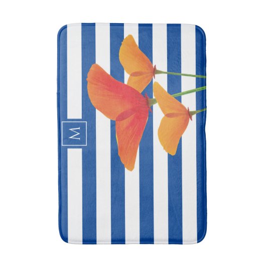 Tapis De Bain Monogramme à rayures bleu chic (Devant (Vertical))