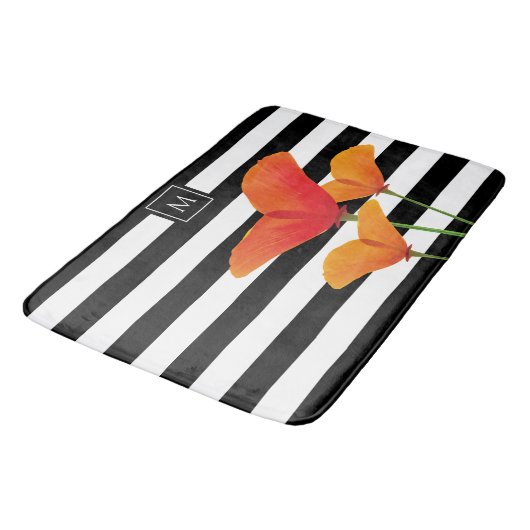 Tapis De Bain Monogramme à rayures noires chic (Angle)