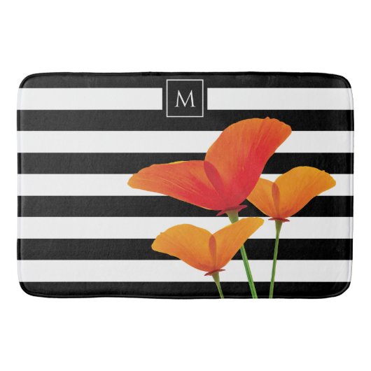 Tapis De Bain Monogramme à rayures noires chic (Devant)