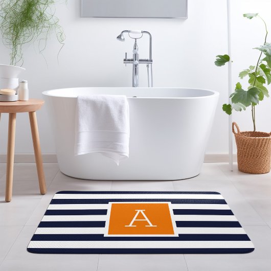 Tapis De Bain Monogramme à rayures orange et marine