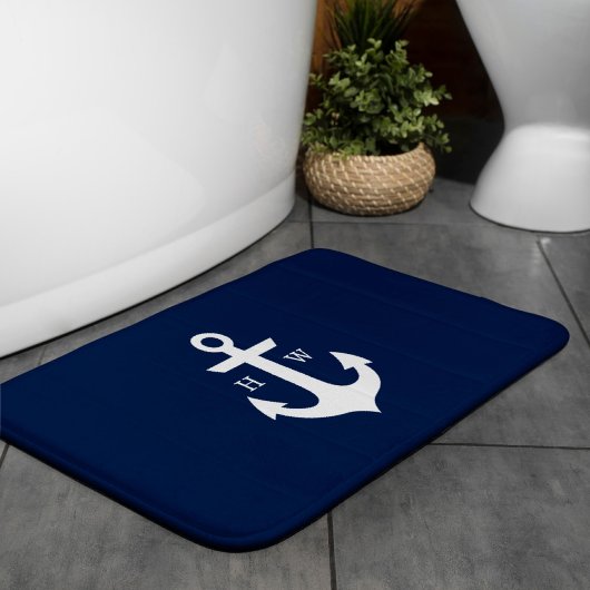 Tapis De Bain Monogramme Ancre bleu marine