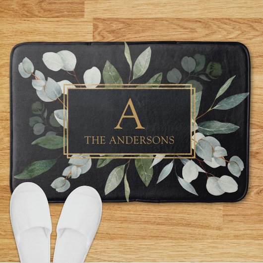 Tapis de bain Monogramme Aquarelle Feuilles Vertes