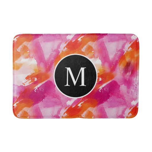 Tapis De Bain Monogramme Aquarelle rose orange Abstrait (Devant)