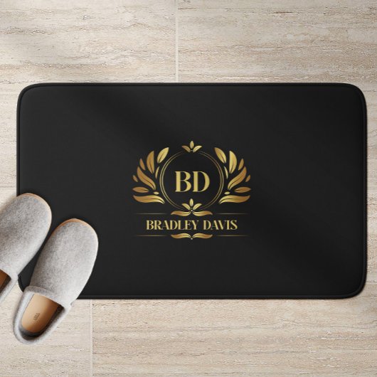 Tapis De Bain Monogramme Avec Nom Black Gold Elegant