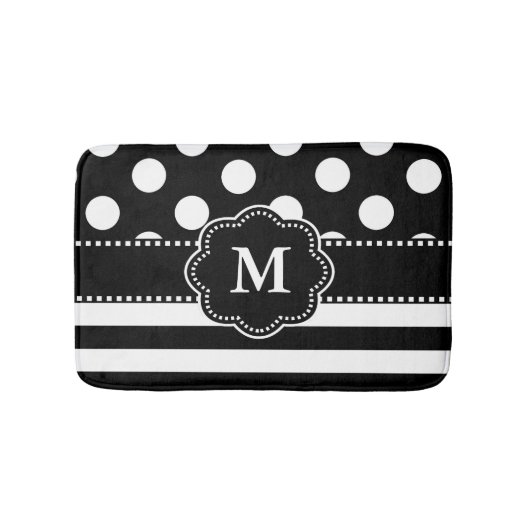 Tapis De Bain Monogramme blanc noir de rayure de points (Devant)