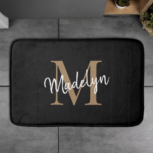 Tapis De Bain Monogramme blanc or noir moderne Élégant