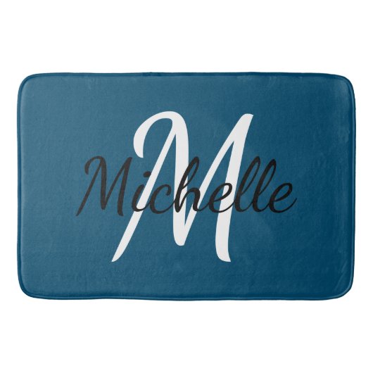 Tapis De Bain Monogramme Bleu Ajouter Votre Nom Simple Moderne t (Devant)