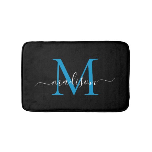 Tapis De Bain Monogramme bleu océan noir moderne élégant (Devant)