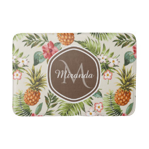 Tapis De Bain Monogramme Brown floral d'ananas tropical exotique