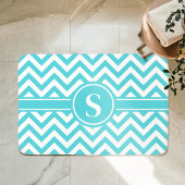Tapis De Bain Monogramme Chevron Turquoise Et Blanc