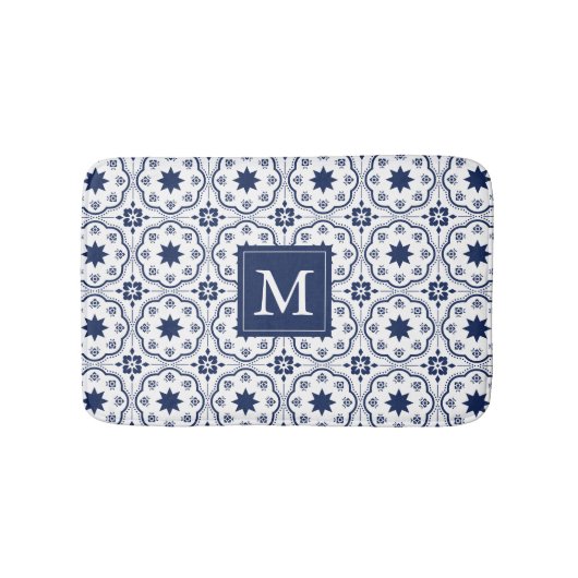 Tapis De Bain Monogramme Chic Marine & Blanc Floral Marocain (Devant)