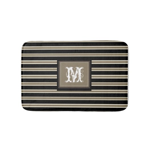 Tapis De Bain Monogramme Chic & Rayures Simples Blanches Beige N (Devant)