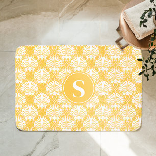 Tapis De Bain Monogramme côtier de coquillages jaunes et blancs