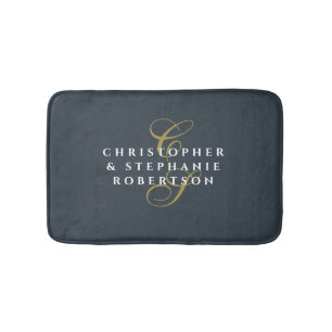 Tapis De Bain Monogramme Couple Bleu Nuit Or Blanc Minimaliste