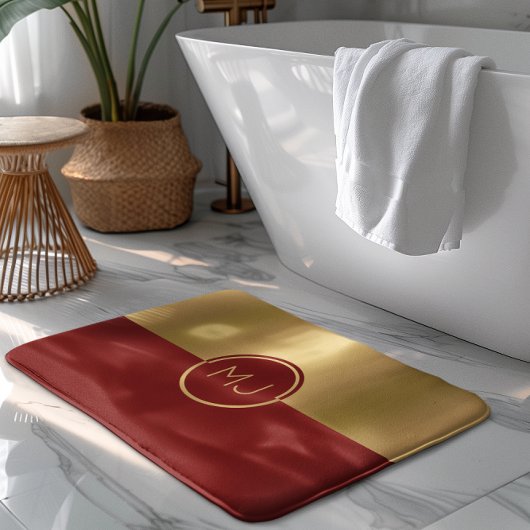 Tapis De Bain Monogramme de conception géométrique rouge or