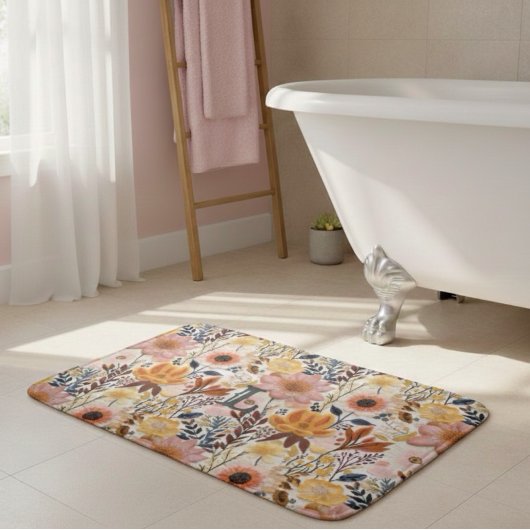 Tapis De Bain Monogramme de fleurs rose et jaune